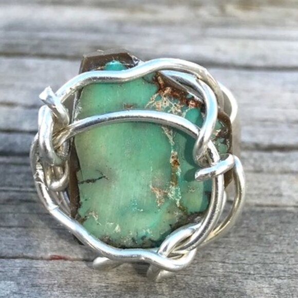 Conceptual Subculture Jewelry - Genuine Mountain Pilot Turquoise Gemstone Ring Size 11 Sterling Silver 925